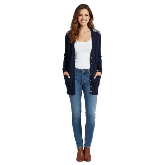 Tory Burch Sweaters - Tory Burch Jacet Peacock Silk Back Logo Button Pocket Cardigan Sweater Size L